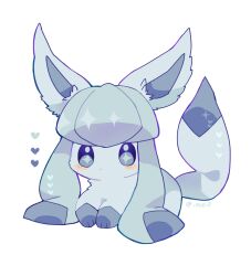 Rule 34 | absurdres, blue eyes, blush, closed mouth, full body, gen 4 pokemon, glaceon, heart, highres, lying, nintendo, no humans, ovoip, pokemon, pokemon (creature), simple background, solo, twitter username, white background