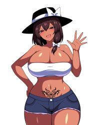 1girl absurdres bow breasts brown_hair collarbone corruption dark_persona fedora hat hat_bow highres huge_breasts looking_at_viewer pubic_tattoo red_eyes ribbon short_hair shorts side_ponytail simple_background smile solo ssaf_seibeupail strapless tan tattoo thick_thighs thighs touhou tube_top usami_renko white_background white_bow white_tube_top wide_hips