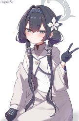 1girl black_gloves black_hairband blue_archive braid braided_bun cosplay double_bun flower gloves grey_eyes grey_halo hair_between_eyes hair_bun hair_flower hair_ornament hair_tubes hairband halo highres himari_(blue_archive) himari_(blue_archive)_(cosplay) kisaki_(blue_archive) long_hair long_sleeves looking_at_viewer low_twintails sazamiso_rx smile solo twintails v very_long_hair white_flower