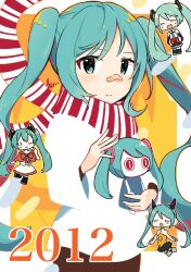 2012 39_(vocaloid) 4girls :d ;) aimaina aoiyui aqua_eyes aqua_hair arifureta_sekai_seifuku_(vocaloid) bad_end_night_(vocaloid) bandage_on_nose camera closed_eyes hatsune_miku hatsune_miku_(heartbeat) highres holding holding_camera long_hair multicolored_scarf multiple_girls multiple_persona odds_&amp;_ends_(vocaloid) one_eye_closed open_mouth scarf shirt smile striped_clothes striped_scarf twintails vertical-striped_clothes vertical-striped_scarf vocaloid white_shirt