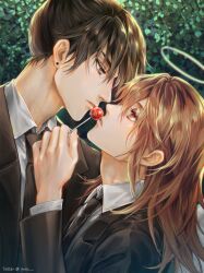 2boys angel angel_devil_(chainsaw_man) angel_wings black_hair black_necktie black_suit candy chainsaw_man collared_shirt earrings eyelashes face-to-face food formal_clothes from_side halo hayakawa_aki height_difference highres holding holding_candy holding_food holding_lollipop jewelry lips lollipop long_hair male_focus multiple_boys necktie nose orange_hair prairpaints shirt short_hair stud_earrings suit traditional_halo twitter_username white_wings wings yaoi