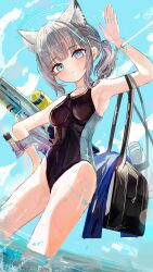1girl absurdres aiu_. animal_ear_fluff animal_ears bag black_one-piece_swimsuit blue_archive blue_eyes breasts competition_swimsuit covered_navel cross_hair_ornament extra_ears grey_hair hair_ornament halo highres looking_at_viewer low_ponytail medium_breasts medium_hair mismatched_pupils multicolored_swimsuit official_alternate_costume one-piece_swimsuit outdoors ponytail revision shiroko_(blue_archive) shiroko_(swimsuit)_(blue_archive) solo swimsuit wading water water_gun wolf_ears