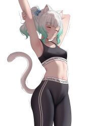 1girl absurdres andrl animal_ear_fluff animal_ears armpits arms_up black_pants black_sports_bra blunt_bangs breasts cat_ears cat_girl cat_tail character_name closed_eyes closed_mouth clothes_writing commentary covered_erect_nipples gradient_hair green_hair high-waist_pants highres holding_own_arm indie_virtual_youtuber midriff mint_fantome motion_lines multicolored_hair navel outstretched_arm pants ponytail short_hair simple_background small_breasts solo sports_bra stretching symbol-only_commentary tail virtual_youtuber white_background white_hair yoga_pants