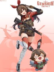 1girl aircraft amber_(genshin_impact) ar-15 assault_rifle baron_bunny_(genshin_impact) blush brown_hair dgkamikaze genshin_impact gloves gun hair_between_eyes hair_ribbon hairband headset helicopter highres load_bearing_vest long_hair long_sleeves military_operator nokia_3310 open_mouth red_ribbon ribbon rifle shorts thighhighs trigger_discipline weapon