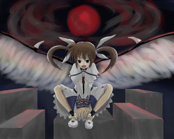 Rule 34 | 00s, 1girl, bow, female focus, lyrical nanoha, magical girl, mahou shoujo lyrical nanoha, purple eyes, red bow, red hair, sitting, solo, takamachi nanoha, triangle heart, triangle heart 3, triangle heart 3 lyrical toy box, twintails, white devil, wings, yautsuro (rufa)