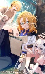 Rule 34 | 1girl, 2boys, absurdres, aether (genshin impact), albedo (genshin impact), aqua eyes, bag, black pants, black shorts, blonde hair, blue eyes, blue shirt, blush, braid, brown shirt, closed mouth, cup, disposable coffee cup, disposable cup, genshin impact, hair between eyes, hair ornament, halo, headphones, highres, holding, holding bag, holding cup, imasaki kei, jacket, long hair, multiple boys, open mouth, paimon (genshin impact), pants, shirt, short hair, short sleeves, shorts, smile, white hair, white jacket, yellow eyes