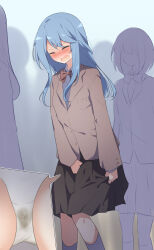 1girl ^_^ arm_at_side between_legs black_skirt blue_hair blush bow bowtie breast_pocket brown_jacket buttons close-up closed_eyes clothes_grab collared_shirt embarrassed female_focus flat_chest hand_between_legs have_to_pee highres jacket kneehighs knees_together_feet_apart long_hair long_sleeves miniskirt multiple_views nose_blush open_mouth original panties pee peeing peeing_self people pleated_skirt pocket queue red_bow red_bowtie school_uniform shirt sidelocks skirt skirt_grab socks solo_focus standing underwear v-shaped_eyebrows watakarashi wet wet_clothes wet_panties white_panties