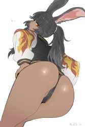 Rule 34 | 1girl, animal ears, ass, bent over, black hair, black panties, cameltoe, closed mouth, crotch seam, dark-skinned female, dark skin, dutch angle, ettone, expressionless, final fantasy, final fantasy xiv, from behind, hands on own hips, high ponytail, highres, jacket, long hair, long sleeves, looking at viewer, looking back, no pants, panties, partially visible vulva, ponytail, presenting, profile, rabbit ears, simple background, solo, underwear, viera, warrior of light (ff14), white background, yellow eyes
