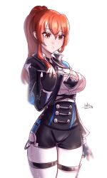 Rule 34 | 1girl, :o, absurdres, black jacket, black shorts, blush, breasts, brown eyes, cropped jacket, cutescookie, dated, hair between eyes, hand up, highres, holding, honkai (series), honkai impact 3rd, jacket, pantyhose under shorts, long hair, long sleeves, medium breasts, murata himeko, murata himeko (arctic kriegsmesser), orange hair, pantyhose, parted lips, ponytail, short shorts, shorts, signature, simple background, solo, tablet pc, white background, white pantyhose