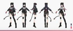 Rule 34 | 1girl, a-pose, absurdres, aether gazer, asymmetrical legwear, bastet (aether gazer), black boots, black hair, black hat, black jacket, blue eyes, boots, colored inner hair, concept art, fingerless gloves, gloves, hat, heterochromia, highres, jacket, long hair, looking at viewer, mek, multicolored hair, multiple views, pink hair, red gloves, solo, yellow eyes