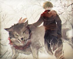 1boy alternate_costume animal bakugou_katsuki bandana bandana_around_neck bare_tree black_jacket black_pants blonde_hair boku_no_hero_academia branch commentary_request covered_mouth fangs feet_out_of_frame gloves highres jacket long_sleeves looking_at_viewer male_focus open_mouth outdoors pants red_bandana red_eyes red_scarf ryo_(piggerworld) scarf short_hair tree wolf yellow_eyes