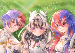 1boy 2girls alear_(female)_(fire_emblem) alear_(fire_emblem) alear_(male)_(fire_emblem) black_choker blue_eyes blue_hair choker crossed_bangs fire_emblem fire_emblem_engage hair_between_eyes hair_ornament heterochromia highres looking_at_viewer lying multicolored_hair multiple_girls nintendo on_back on_grass red_eyes red_hair smile split-color_hair t_03saku_28 tiara two-tone_hair veyle_(fire_emblem) wavy_hair wing_hair_ornament