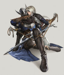 1boy 1girl absurdres armor blonde_hair brother_and_sister cape commentary duchess_(elden_ring) elden_ring elden_ring_nightreign english_commentary gloves helmet highres holding holding_weapon kdash long_hair siblings simple_background sword weapon winged_helmet wylder_(elden_ring)