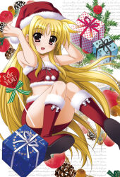 1girl blonde_hair blush boots box fate_testarossa full_body fur-trimmed_boots fur-trimmed_headwear fur-trimmed_skirt fur-trimmed_tube_top fur_trim gift gift_box hands_up hat heart higa_yukari invisible_chair knees_together_feet_apart long_hair looking_at_viewer lyrical_nanoha mahou_shoujo_lyrical_nanoha miniskirt official_art open_mouth red_boots red_eyes red_hair red_skirt red_tube_top santa_costume santa_hat sitting skirt smile solo strapless thighs tube_top very_long_hair
