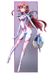 1girl alternate_costume blue_eyes bodysuit breasts gundam gundam_seed gundam_seed_freedom hair_ornament helmet highres holding holding_unworn_helmet lacus_clyne long_hair looking_at_viewer mecha_pilot_suit normal_suit_(gundam) official_alternate_costume pilot pilot_suit pink_hair science_fiction smile solo taiga_hiroyuki unworn_helmet