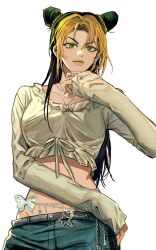 Rule 34 | 1girl, belly chain, bestcondition14, blonde hair, closed mouth, commentary, cowboy shot, crop top, double bun, green eyes, green lips, hair bun, highres, irene (jojo), jewelry, jojo no kimyou na bouken, long hair, long sleeves, looking at viewer, necklace, ring, sidelocks, simple background, solo, white background