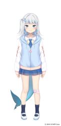 Rule 34 | 1girl, amashiro natsuki, ascot, bandaid, bandaid on knee, bandaid on leg, black socks, blue ascot, blue eyes, blue hair, blue jacket, blue skirt, blush, closed mouth, commentary request, drawstring, fins, fish tail, full body, gawr gura, gawr gura (school uniform), grey hair, hair ornament, hairclip, highres, hololive, hololive english, hood, hood down, hooded jacket, jacket, long hair, long sleeves, looking at viewer, multicolored hair, official art, one side up, pleated skirt, puffy long sleeves, puffy sleeves, rabbit hair ornament, shark tail, shirt, shoes, simple background, skirt, sleeveless, sleeveless jacket, sleeves past wrists, smile, socks, solo, standing, streaked hair, tail, virtual youtuber, white background, white shirt, white shoes