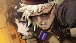 2boys armlock beanie black_hair black_jacket bob_cut choker clenched-teeth clenched_teeth dark-skinned_male dark_skin english_text fingerless_gloves game_cg gloves grey_eyes hair_ornament hairclip hat highres holding_taser huke jacket leather leather_jacket looking_at_viewer multiple_boys nervous_sweating non-web_source official_art open_collar open_mouth parted_lips pink_eyes pink_lips ribbon_choker ringed_eyes shiny_lips short_hair short_sleeves skull_hair_ornament square_pupils steins;gate steins;gate:_linear_bounded_phenogram surprised suzuki_kouichi sweat taser teeth trap upper_teeth_only urushibara_ruka white_hair