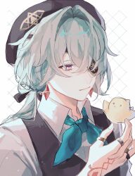 1boy anaxa_(honkai:_star_rail) aqua_hair bird black_hair black_vest closed_mouth eyepatch fz7047 hair_between_eyes highres honkai:_star_rail honkai_(series) male_focus one_eye_covered pink_pupils shirt side_ponytail smile solo upper_body vest white_shirt