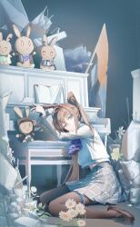 1girl absurdres amiya_(arknights) animal_ears arknights ascot black_shoes blue_collar blue_eyes brown_hair brown_pantyhose character_doll closed_mouth collar doll flower full_body grey_skirt hair_between_eyes highres instrument jewelry long_hair long_sleeves looking_at_viewer multiple_rings pantyhose piano pleated_skirt purple_ascot ring rubble shoes sitting skirt solo sweater thighlet white_flower white_sweater yanque
