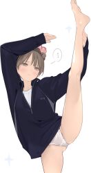 1girl ama_mitsuki arm_up barefoot black_jacket brown_hair commentary_request gym_shirt highres jacket legs long_sleeves no_pants original panties shirt short_hair simple_background solo split standing standing_on_one_leg standing_split track_jacket underwear white_background white_panties white_shirt
