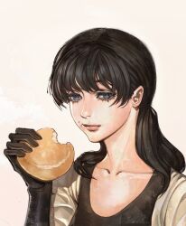Rule 34 | 1girl, black gloves, black hair, black shirt, bread, bread bun, chainsaw man, closed mouth, dromi999, elbow gloves, food, food on face, gloves, grey eyes, highres, holding, holding food, long hair, looking at viewer, low twintails, mitaka asa, shirt, solo, twintails