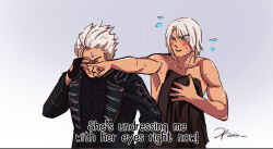 2boys beard_stubble black_coat black_gloves black_shirt blue_eyes blush closed_eyes coat dante_(devil_may_cry) devil_may_cry_(series) devil_may_cry_5 facial_hair fingerless_gloves flying_sweatdrops gloves grey_background holding holding_shirt holding_unworn_clothes jumpoon multiple_boys pointing shirt signature simple_background stubble sweat unworn_shirt vergil_(devil_may_cry) white_hair