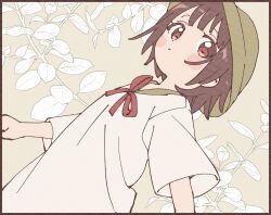 1girl black_border blush_stickers border brown_eyes brown_hair bucket_hat closed_mouth dutch_angle green_hat green_sailor_collar grey_background hat highres leaf leaf_background looking_at_viewer namori neck_ribbon original red_ribbon ribbon sailor_collar shirt short_hair short_sleeves solo upper_body white_shirt wide_sleeves