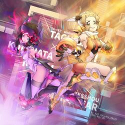 0x0023 2girls absurdres black_hair bodysuit boots breasts brown_hair clothing_cutout gauntlets gloves green_eyes grin hair_ornament headgear highres kohinata_miku medium_breasts multiple_girls orange_bodysuit orange_eyes senki_zesshou_symphogear short_hair showgirl_skirt skin_tight smile stomach_cutout tachibana_hibiki_(symphogear) thighs undersuit yellow_eyes
