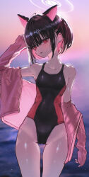 Rule 34 | 1girl, aaaa665951, animal ears, bare shoulders, black hair, blue archive, cat ears, collarbone, colored inner animal ears, colored inner hair, competition swimsuit, cowboy shot, dusk, extra ears, halo, highres, jacket, kazusa (blue archive), looking at viewer, multicolored hair, ocean, one-piece swimsuit, pink hair, pink halo, pink jacket, red eyes, sleeves past wrists, solo, standing, swimsuit, thigh gap, two-tone hair
