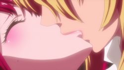 2girls animated animated_gif arms_(studio) blonde_hair blush breasts closed_eyes drooling french_kiss highres kaneko_hiraku kiss large_breasts multiple_girls nipple_stimulation nipple_tweak nipples red_hair saliva shikishima_mirei sweat tokonome_mamori tongue topless_female valkyrie_drive valkyrie_drive_-mermaid- yuri