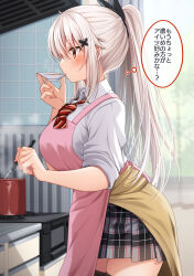 Rule 34 | 1girl, black ribbon, black thighhighs, blush, bow, breasts, brown cardigan, butterfly hair ornament, cardigan, cardigan around waist, clothes around waist, collared shirt, commentary request, cooking pot, curtains, day, diagonal-striped bow, etna (kuzuyu), grey skirt, hair between eyes, hair ornament, hair ribbon, highres, holding, indoors, komori kuzuyu, ladle, leaning forward, long hair, medium breasts, original, plaid clothes, plaid skirt, pleated skirt, ponytail, profile, red bow, red eyes, ribbon, school uniform, shirt, skirt, solo, stove, thighhighs, tile wall, tiles, translation request, transparent, very long hair, white hair, white shirt