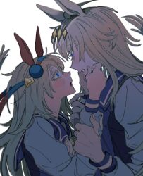 2girls animal_ears blue_eyes blue_shirt blush bow bowtie commentary ear_covers eye_contact face-to-face grabbing_another&#039;s_arm grey_hair hair_ornament hairband hand_on_another&#039;s_face hands_on_another&#039;s_arms height_difference highres horse_ears horse_girl long_hair long_sleeves looking_at_another multiple_girls naotin3333 oguri_cap_(umamusume) open_mouth sailor_collar sailor_shirt school_uniform shirt simple_background tamamo_cross_(umamusume) tracen_school_uniform umamusume upper_body white_background white_bow white_bowtie winter_uniform yuri