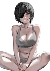 1girl bare_shoulders black_hair blue_eyes blush breasts chainsaw_man cleavage closed_mouth collarbone eyepatch grey_panties grey_sports_bra grin hands_on_own_legs highres himeno_(chainsaw_man) large_breasts navel panties parted_lips raberu_ruru short_hair simple_background sitting smile solo sports_bra underwear white_background