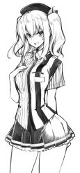 10mo 1girl beret commentary_request contrapposto cowboy_shot employee_uniform female_focus greyscale hand_on_own_chest hat highres kantai_collection kashima_(kancolle) lineart long_hair looking_at_viewer monochrome pleated_skirt shirt simple_background skirt smile solo standing striped_clothes striped_shirt twintails wavy_hair