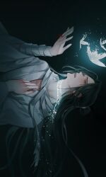 Rule 34 | 1boy, bandaged arm, bandages, black background, black hair, brown eyes, bug, butterfly, chinese clothes, crying, crying with eyes open, dark, glowing, glowing butterfly, glowing tattoo, hair bun, hand on own chest, hand up, hanfu, highres, implied yaoi, insect, long hair, long sleeves, male focus, neck tattoo, open mouth, robe, sideways, single hair bun, solo, string, string around finger, string of fate, tattoo, tears, tianguan cifu, upper body, white hanfu, xie lian, young57440489