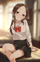 1girl black_skirt blurry blurry_background bow breasts brown_eyes brown_hair collarbone collared_shirt commentary_request depth_of_field desk dress_shirt feet_out_of_frame forehead highres indoors karakai_jouzu_no_takagi-san long_hair long_sleeves looking_at_viewer note2000 on_desk parted_bangs pleated_skirt red_bow school_desk school_uniform shirt sitting skirt small_breasts smile solo steam sweat takagi-san white_shirt