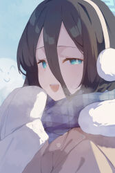 1girl absurdres aris_(blue_archive) aris_(winter)_(blue_archive) black_hair blue_archive blue_eyes blue_scarf breath brown_coat coat day doodle_sensei_(blue_archive) double-parted_bangs earmuffs enpera fur-trimmed_coat fur-trimmed_sleeves fur_trim hair_between_eyes hands_up highres long_sleeves looking_at_viewer looking_to_the_side mittens open_mouth outdoors plaid_clothes plaid_scarf pop88715091pop ringed_eyes scarf sensei_(blue_archive) smile snowman solo teeth upper_body upper_teeth_only white_mittens