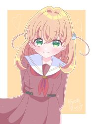 1girl arms_behind_back blush border breasts brown_dress closed_mouth commentary_request cowboy_shot crossed_bangs dress green_eyes hair_ornament harusame_soup_(har_s_k) hasu_no_sora_school_uniform heart heart-shaped_pupils highres hinoshita_kaho link!_like!_love_live! looking_at_viewer love_live! medium_breasts medium_hair neckerchief orange_hair outline outside_border rabbit_hair_ornament red_neckerchief sailor_collar sailor_dress school_uniform signature simple_background smile solo split_mouth symbol-shaped_pupils virtual_youtuber white_border white_outline white_sailor_collar winter_uniform yellow_background