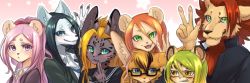 1boy 6+girls artist_request black_hair blue_eyes dog furry green_eyes green_hair hyena lion long_hair multiple_girls orange_hair