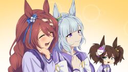 3girls animal_ears blue_hair bow bowtie brown_hair clenched_hand closed_mouth ear_bow ear_ornament fang fox_mask green_eyes hand_on_own_chest highres horse_ears inari_one_(umamusume) long_hair long_sleeves mask mask_on_head mejiro_ardan_(umamusume) multiple_girls open_mouth purple_eyes purple_shirt school_uniform shirt skin_fang smile super_creek_(umamusume) sweatdrop tracen_school_uniform twintails umamusume umamusume:_cinderella_gray upper_body yangmal_(uma_red_sheep)