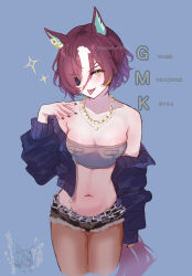 2girls animal_ears bandeau bare_shoulders black_nails black_pantyhose blue_jacket breasts brown_hair commentary_request eyepatch grey_bandeau highres horse_ears horse_girl horse_tail jacket jacket_partially_removed jewelry long_sleeves looking_at_viewer medium_breasts midriff mmm_(mmm623) multicolored_hair multiple_girls navel necklace pantyhose short_shorts shorts solo_focus sparkle streaked_hair tail tanino_gimlet_(umamusume) tongue tongue_out translation_request twitter_username umamusume vodka_(umamusume) white_hair