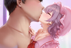1boy 1girl absurdres adam&#039;s_apple breasts cleavage closed_eyes commission dress faceless faceless_male hat hetero highres kiss lips medium_hair mob_cap nironiro petite pink_dress pink_hat pink_nails pixiv_commission purple_hair red_eyes remilia_scarlet touhou