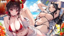 2girls absurdres arm_strap armpits arms_up bare_shoulders beach_chair bikini black_hair black_one-piece_swimsuit blush bracelet breasts chair cleavage collarbone commentary_request copyright_name day drink ear_piercing eyewear_on_head goddess_of_victory:_nikke highres jewelry kat_(bu-kunn) large_breasts long_hair long_sleeves looking_at_viewer lying multiple_girls navel ocean off_shoulder official_alternate_costume official_art on_back one-piece_swimsuit outdoors parted_lips piercing red_bikini red_eyes rosanna_(chic_ocean)_(nikke) rosanna_(nikke) sakura_(bloom_in_summer)_(nikke) sakura_(nikke) shirt side-tie_bikini_bottom smile stomach sunglasses swimsuit thighs underboob water white_hair white_shirt