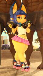 1girl 2boys 3d :3 absurdres adriandustred animal_crossing animal_ears ankha_(animal_crossing) artist_logo bandaid bandaid_on_face bandaid_on_nose black_eyes blue_footwear blush can cat_ears cat_girl cat_tail closed_mouth colored_skin dark-skinned_male dark_skin eyebrows from_side full_body furry furry_female hands_up headphones headphones_around_neck highres holding holding_can logo looking_at_viewer looking_to_the_side medium_hair midriff miniskirt monster_(drink) multiple_boys naughty_face nintendo outdoors pink_skirt roller_skates shirt shortstack size_difference skates skirt sleeveless sleeveless_shirt solo_focus standing tail thick_eyebrows thick_thighs thighs two-tone_footwear very_dark_skin w_arms white_footwear white_shirt white_skirt wide_hips yellow_skin