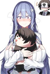 1boy 1girl absurdres administrator_(counter:side) between_breasts blush blush_stickers breasts center-flap_bangs character_doll colored_eyelashes commentary counter:side doll dress embarrassed flower frilled_sleeves frills furrowed_brow hair_between_eyes hair_flower hair_ornament half_updo highres huge_breasts hugging_doll hugging_object inset jewelry jinggun long_hair long_sleeves looking_at_viewer nose_blush notice_lines paper_on_head pink_eyes purple_hair ring single_blush_sticker straight-on swan_claire sweat very_long_hair wavy_mouth white_dress wide-eyed