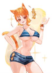 :p animal_ears armpits bikini bikini_top_only blush bracelet breasts cat_ears cat_girl cat_tail cleavage curvy denim hand_on_own_hip jewelry large_breasts log_pose looking_at_viewer nami_(one_piece) navel one_piece orange_hair sc_scandium short_hair short_shorts shorts smile swimsuit tail thighs tongue tongue_out underboob