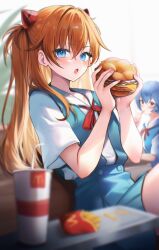 2girls :o absurdres ayanami_rei blue_eyes blue_hair blurry blush burger cup depth_of_field disposable_cup drinking_straw eating food food_on_face french_fries hairpods highres holding holding_burger holding_food looking_at_viewer maru_ccy mcdonald&#039;s multiple_girls neck_ribbon neon_genesis_evangelion orange_hair red_eyes ribbon school_uniform serafuku solo_focus souryuu_asuka_langley
