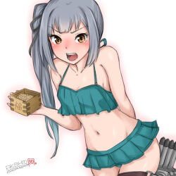 1girl arm_behind_back box commentary_request dated green_background hair_ribbon hamu_agaki holding holding_box kantai_collection kasumi_(kancolle) kasumi_kai_ni_(kancolle) kasumi_kai_ni_(swimsuit)_(kancolle) long_hair microskirt open_mouth ribbon setsubun side_ponytail signature skirt solo torpedo torpedo_launcher v-shaped_eyebrows