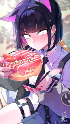 ._. 1girl absurdres alternate_costume animal_ears black_choker black_hair black_necktie blue_archive blunt_bangs blunt_ends blush cat_ears cat_girl choker closed_mouth colored_inner_animal_ears colored_inner_hair cross cross_choker donut ear_piercing food highres holding holding_food jacket jewelry kazusa_(blue_archive) looking_at_viewer multicolored_hair multiple_rings necktie nekomochi piercing pink_nails pov purple_jacket ring shirt sitting solo thigh_strap two-tone_hair white_shirt